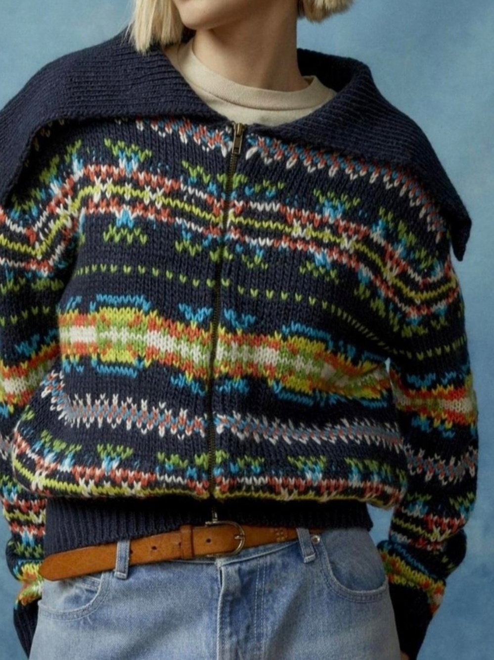 Urban Outfitters Navy Multicolor Fair Isle Zip Cardigan
